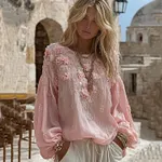 Women's Pink Rose Embroidered Art  Linen Tunic - Image 2