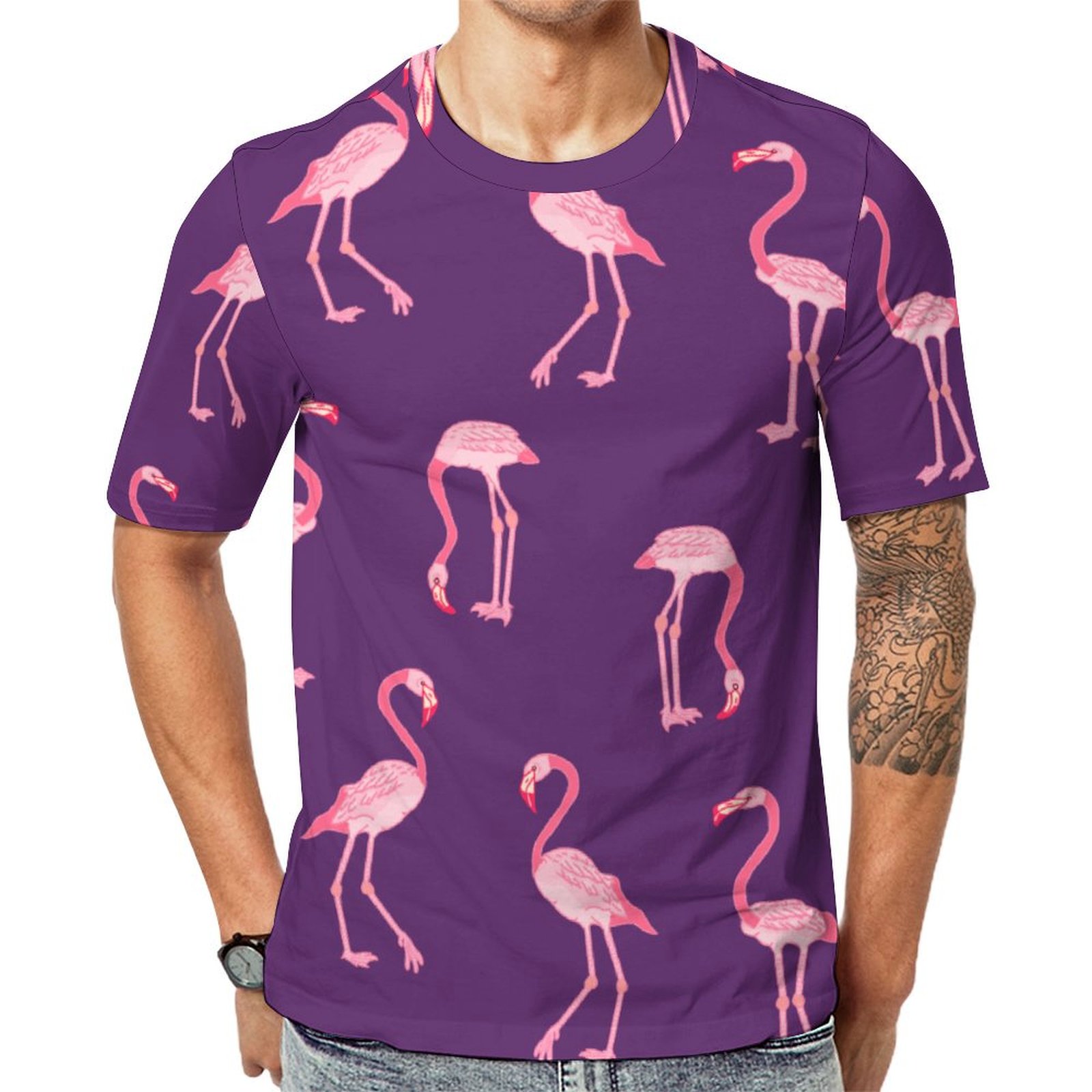 Flamingo Birds Pink And Navy Blue Short Sleeve Print Unisex Tshirt Summer Casual Tees for Men and Women Coolcoshirts