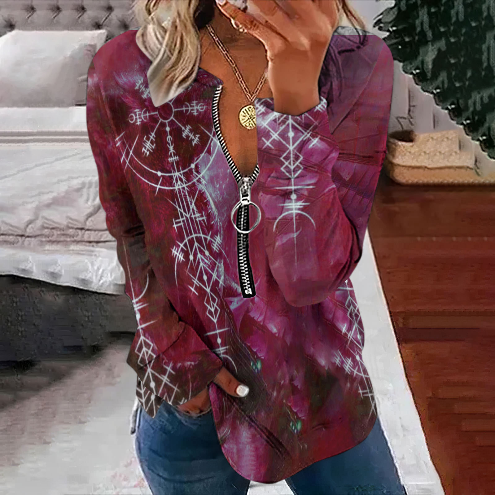 Tribal Viking Totem Monster Tentacles Print Zipper Sweatshirt wearshes