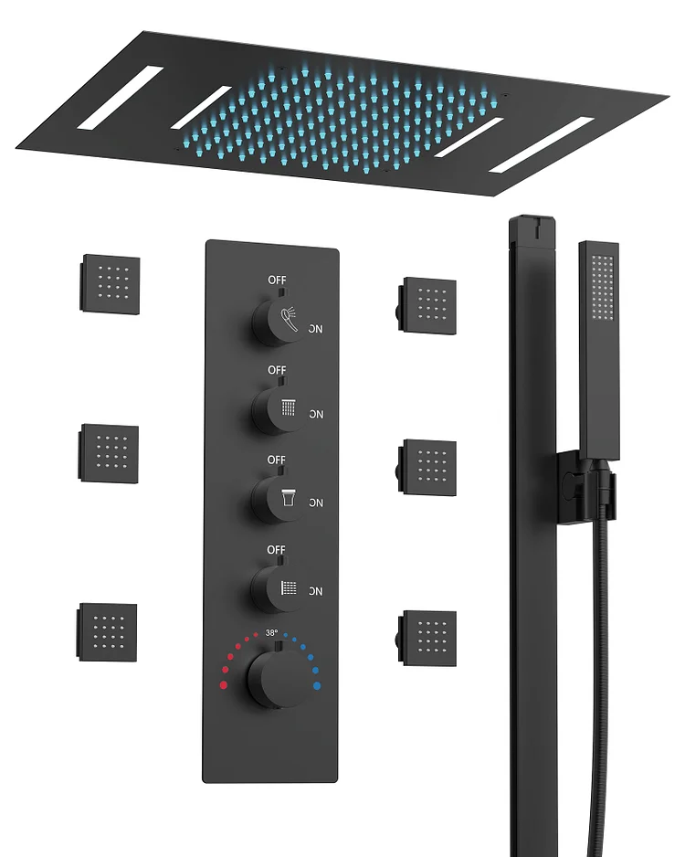SFS-1025-BK LED Thermostatic Shower System with 16" Dual Function Rainfall & Waterfall Head