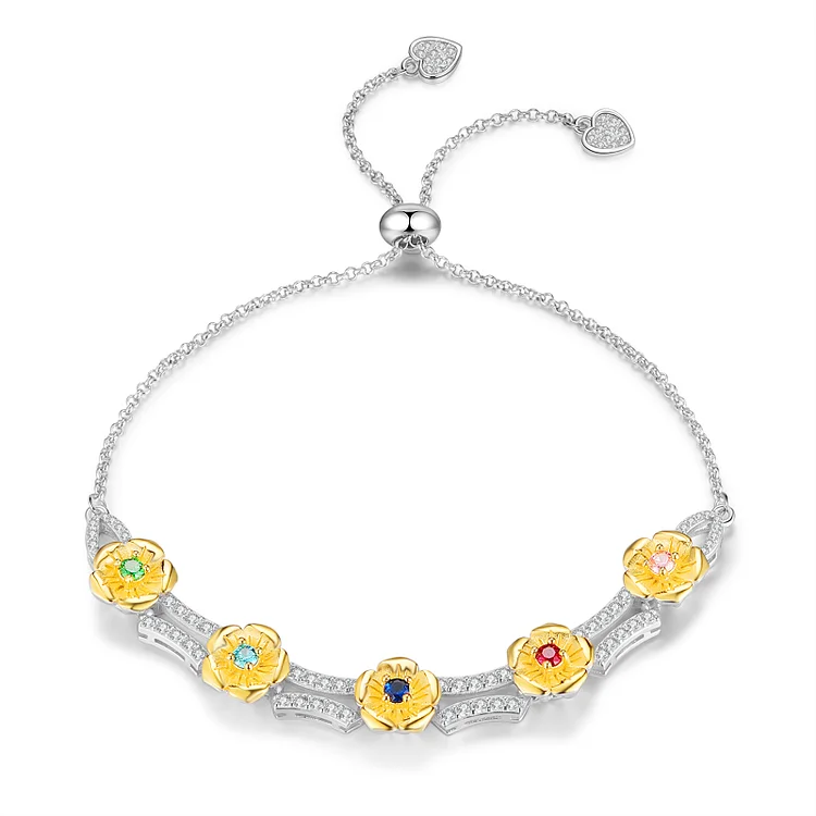 Personalized Flower Bracelet With 5 Birthstone Engraved Bracelet Gift For Women
