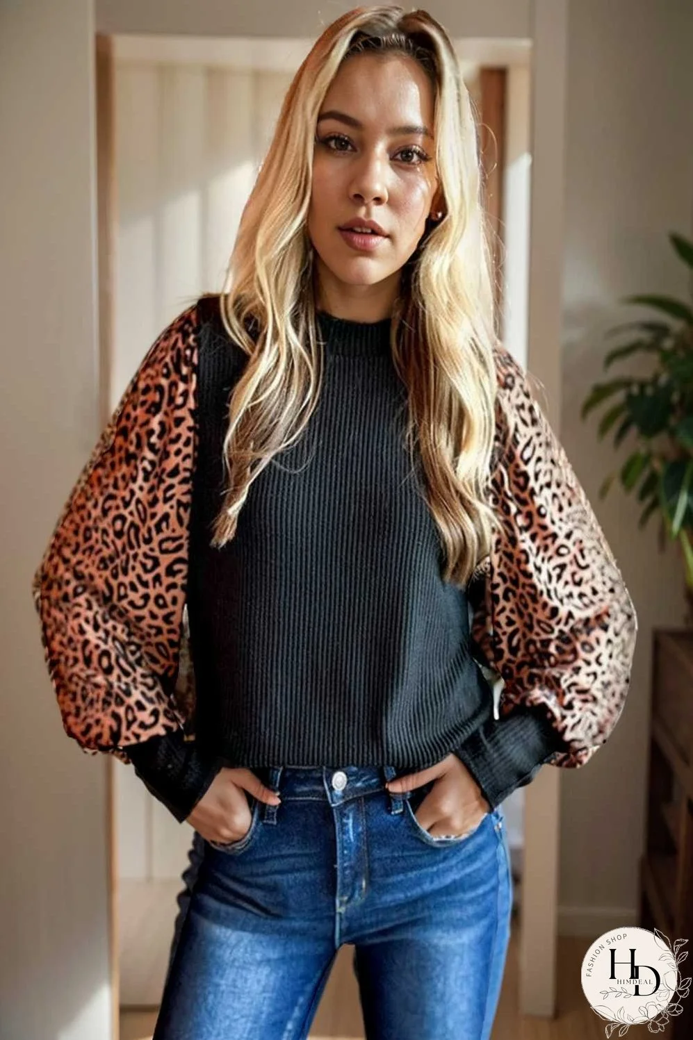 women s loose fit leopard print knit pullover with round neck and casual style top