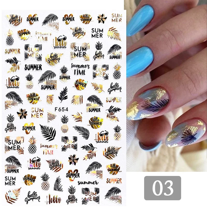 1PC Gold Black Bronzing Leaves Tree 3D Nail Sticker Iridescent Geometrics Lines Adhesive Transfer Sticker DIY Nail Decoration-Nail Inspo