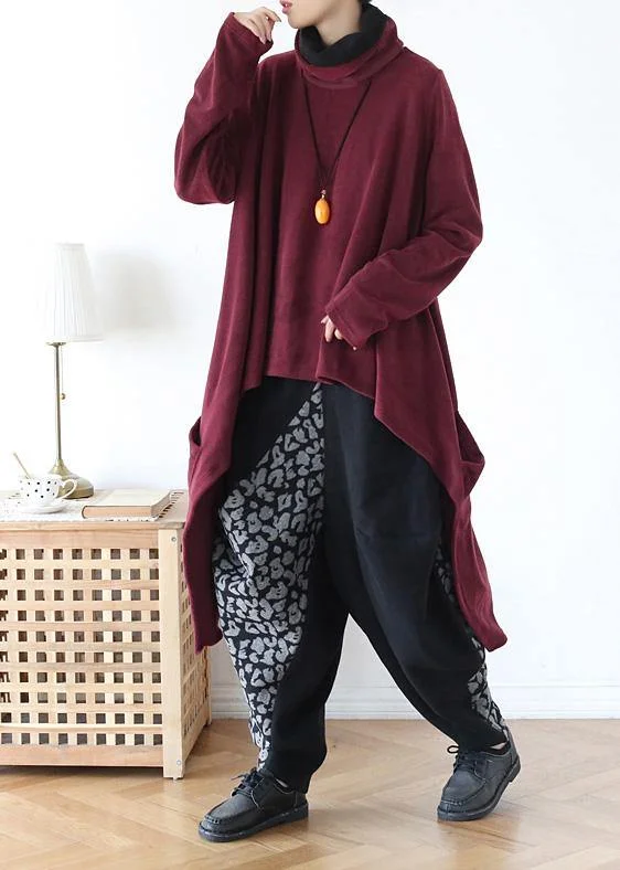 high neck red knit sweat tops plus size clothing asymmetric hem knit blouse