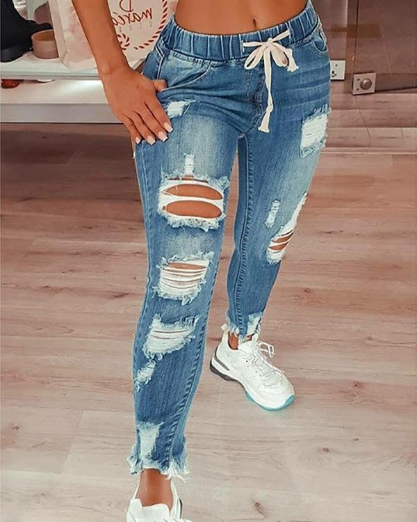 Fashion Casual Solid Ripped Mid Waist Regular Jeans - Chicaggo