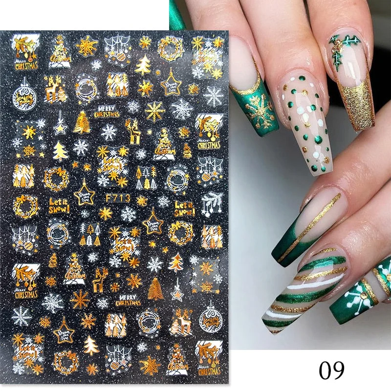 Gold White Bronzing Christmas Nail Sticker 3D Snowflakes Leaf Geometry Lines Letter For Manicure Sliders Decoration Accessories