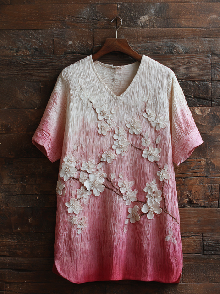 Romantic Floral Art Tie-dye Cotton Linen V-neck Short Sleeve Top elevenforest