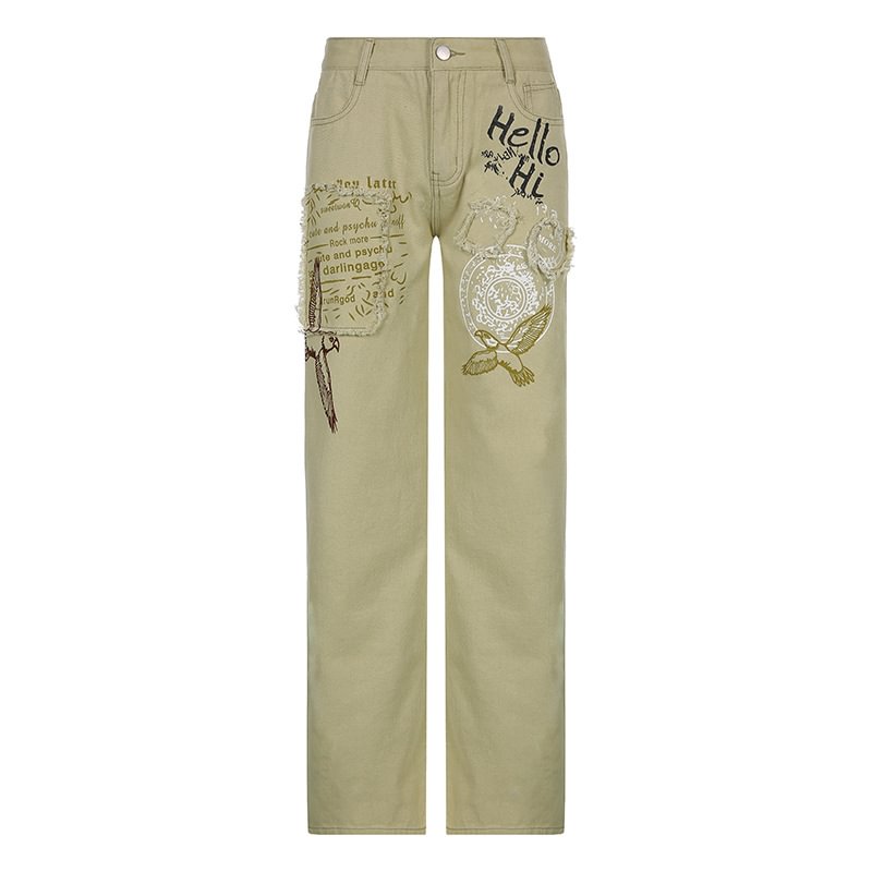 Women's Letter Printed Jeans Loose Low Mop Pants Casual