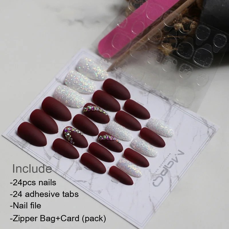 Matte flash art nails box Match press on nails Burgundy AB rhinestone fasle nails stiletto with adhesive tabs select-Nail Inspo
