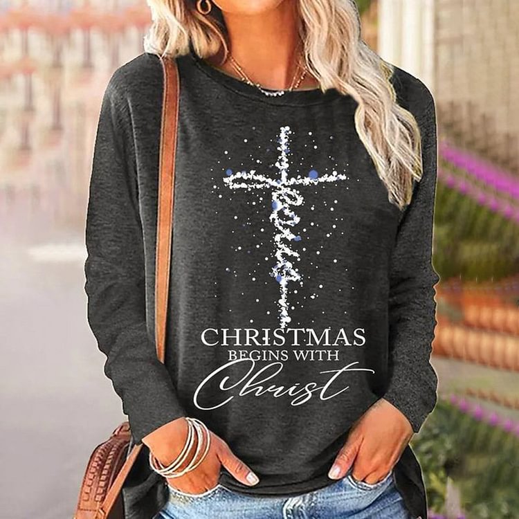 VChics Faith Letters Printed Long Sleeve Round Neck Casual T-Shirt