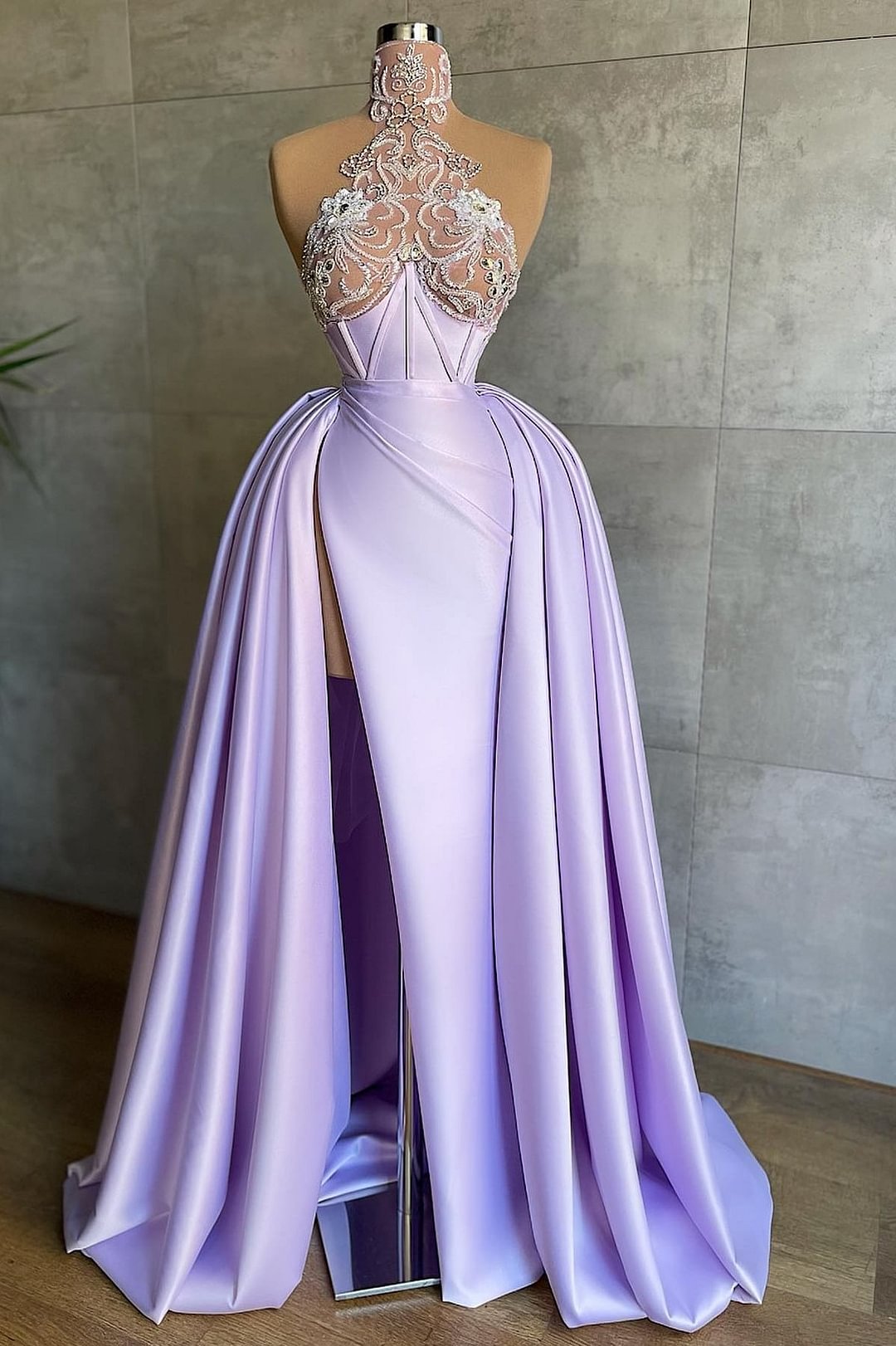 Shiny Purple Long Sleeveless Halter Slit Prom Dress Mermaid With Appliques | Ballbellas Ballbellas