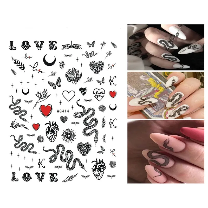 3D Snake Design Nail Stickers Colorful Dragons Slider Decals Black Snake for Manicure Nail Art Decoration New Arrival Stickers-Nail Inspo