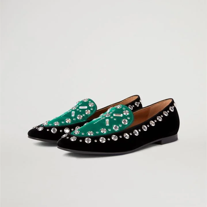Green and Black Studs Flat Loafers for Women |FSJ Shoes