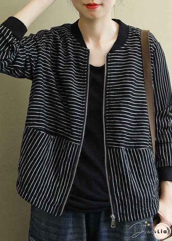 Street Black Striped zippered Pockets Fall Jacket Long sleeve