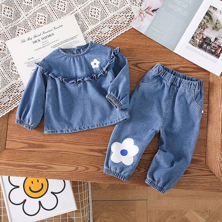 2pcs Baby Toddler Girl Floral Print Long Sleeve T-shirt and Denim Pants Set
