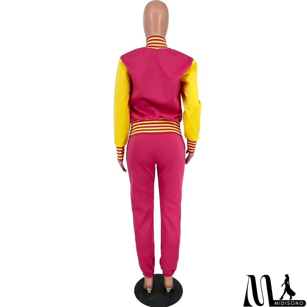 MidiSono - Women Letter Baseball Jacket and Pant Two-Piece Set