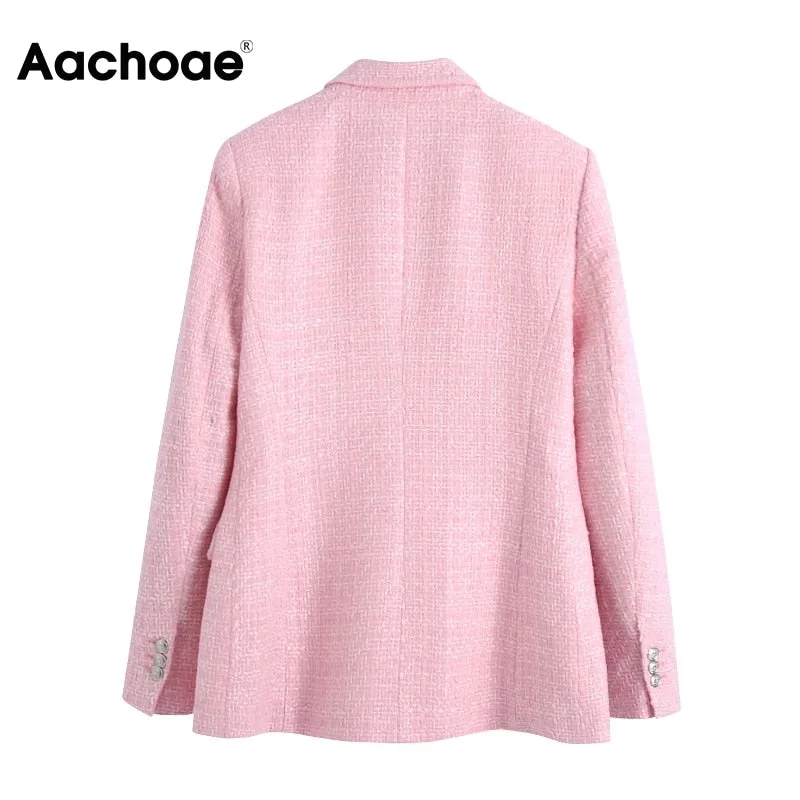Aachoae Chic Women Pink Tweed Suit Blazer Sets 2021 Double Breasted Blazer With High Waist Shorts Office Ladies Outfits Set