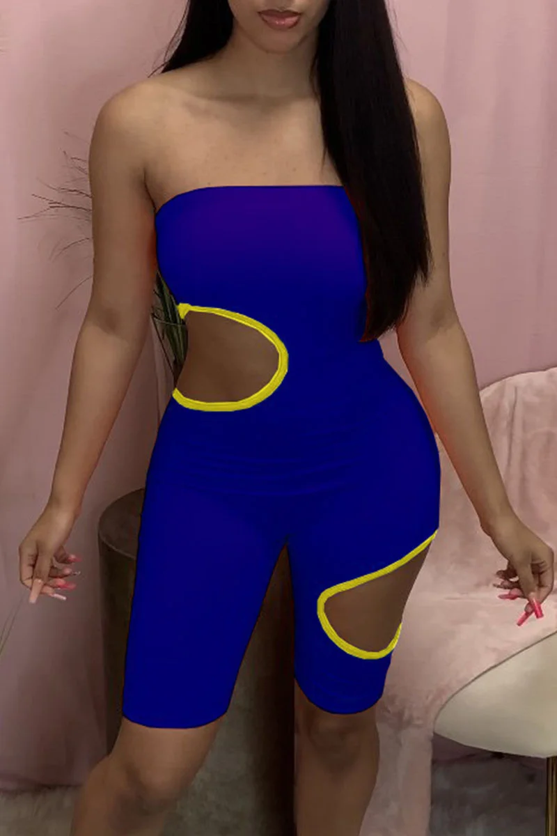 Blue Sexy Solid Ripped Split Joint Strapless Skinny Jumpsuits