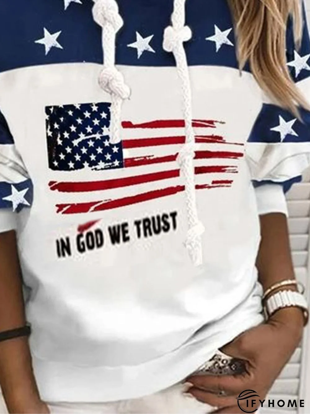 Color-block Stars Flag Letters Printed Hoodie Long Sleeve Casual Sweatshirt | IFYHOME