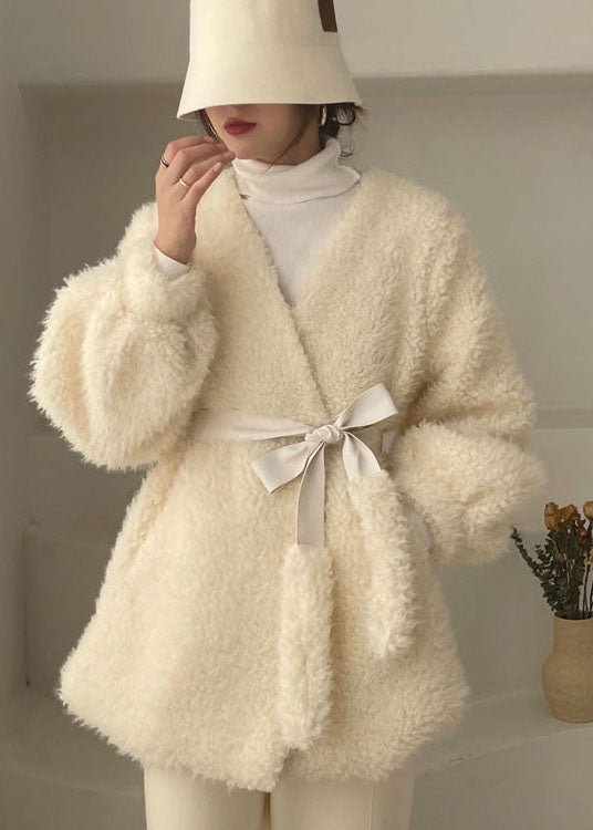 Classy White Cinched thick Faux Fur Winter Coat CK1087- Fabulory