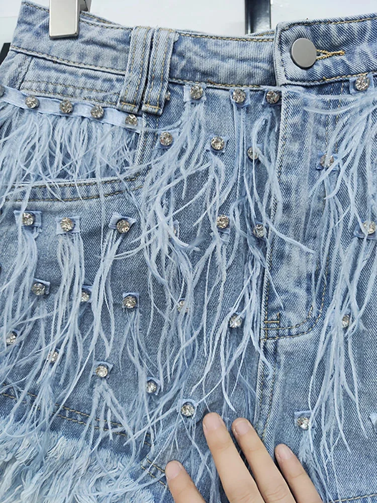 Huibahe Women's Denim Shorts Blue Feathers Crystal Long Tassel High Waist Wide Leg Short Pants 2024 Summer New Fashion 29L1573