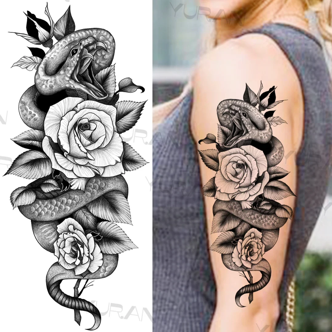 Sdrawing Rose Flower Temporary Tattoos For Women Realistic Snake Butterfly Flora Fake Tattoo Sticker Arm Body Waterproof Tatoos
