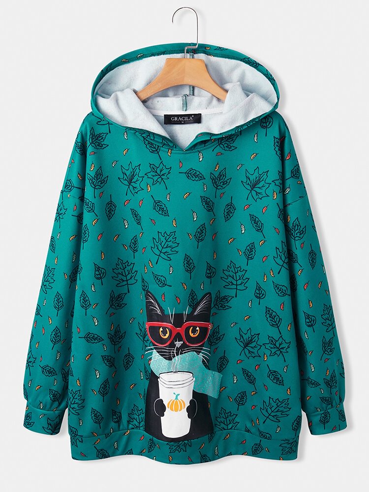 Cute Cat Leaf Print Long Sleeve Casual Hoodie for Women
