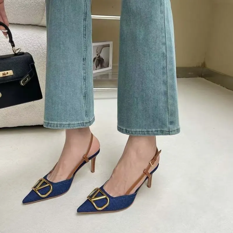 Breakj Breakj Version Of The Elegant Sharp Tip Fine Heel Single Shoes Spring And Autumn New Beautiful Temperament Denim Cloth High-Heeled Sandals
