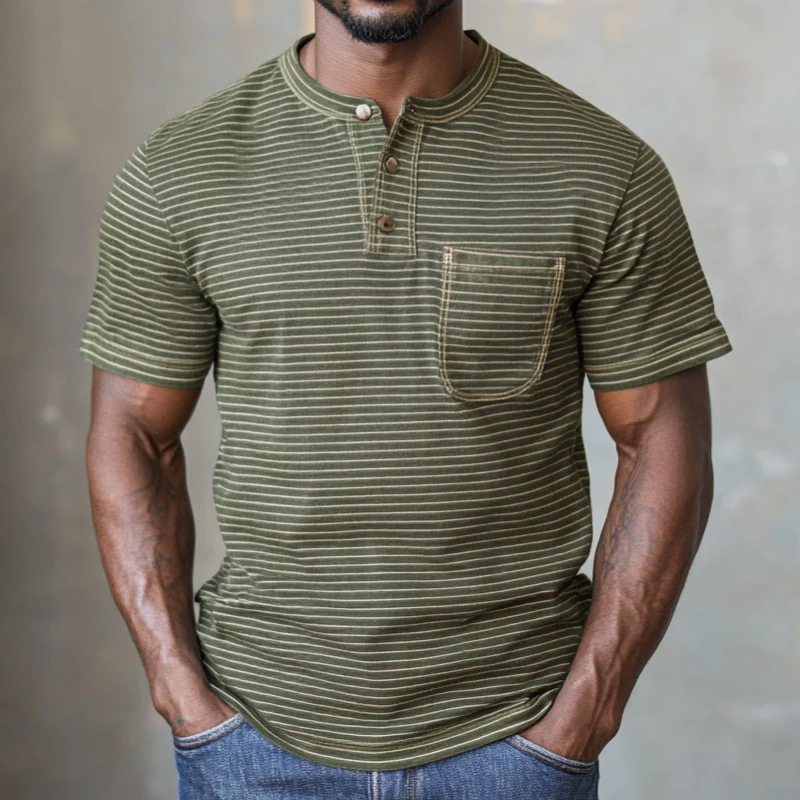 Men's Casual Premium Cotton Striped Henley Collar Patch Pocket Slim Fit Short Sleeve T-Shirt