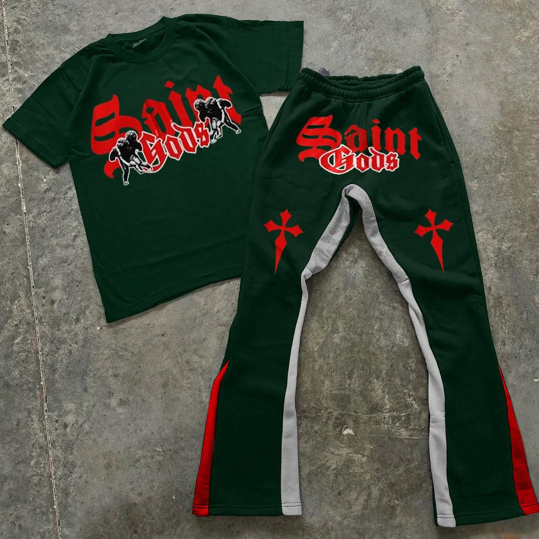 Saint Gods Print T-Shirt Trousers Two-Piece Set