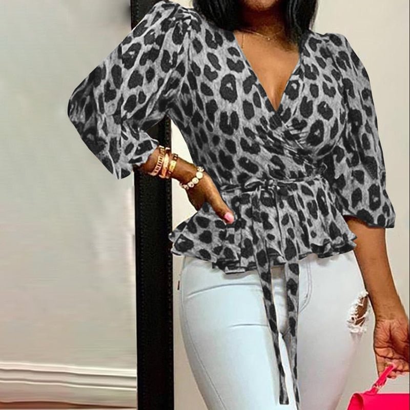 Celmia Women Elegant Blouse 2022 Summer Sexy V-Neck Leopard Print Tunic Shirt Belted Office Fashion Top Ruffles Blusas Femininas