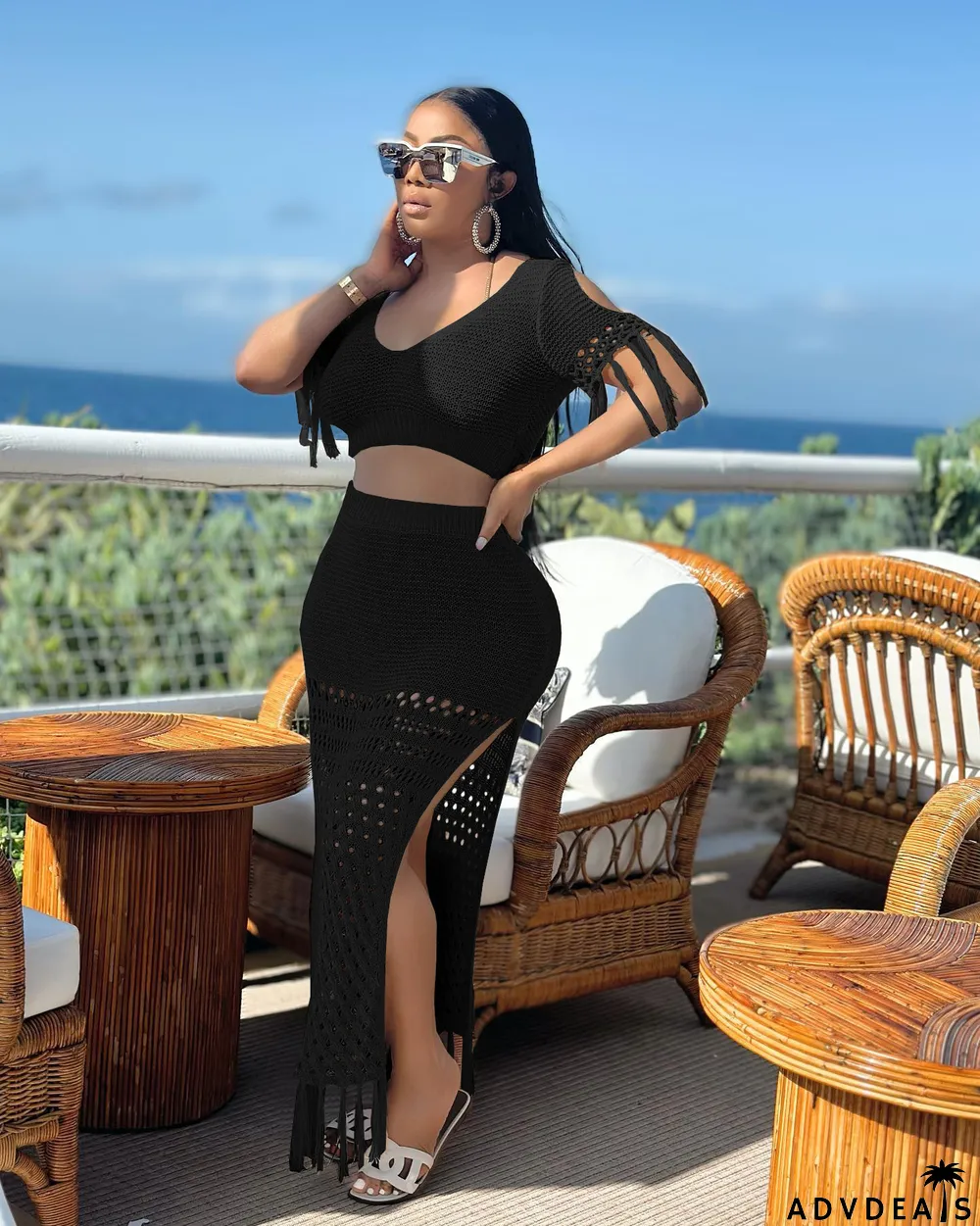 Ladies Casual Sexy Split Woolen Crochet Knitting Tassel Two-Piece Set