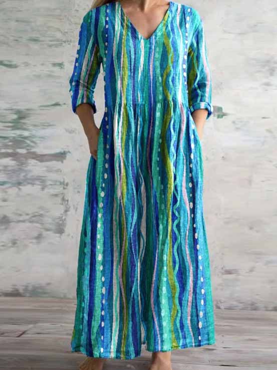 Women's 3/4 Sleeve V-neck Floral Printed Midi Dress