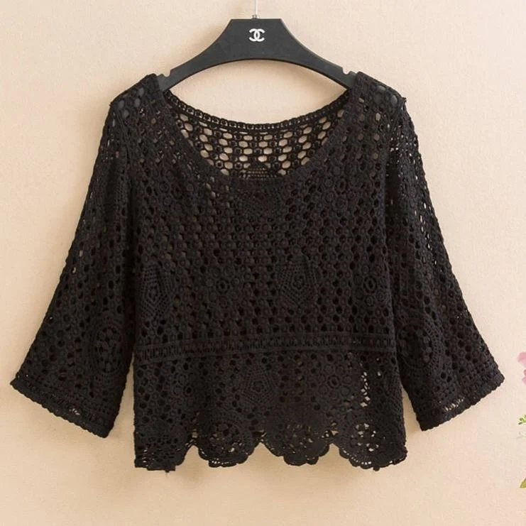 Pullover summer short hedging knitted hollow flower small outer super fairy all-match lace top