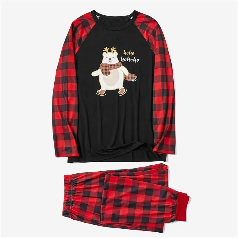 Family Matching Cute Bear Print Christmas Buffalo Plaid Pajamas Sets (with Pet Dog Clothes)