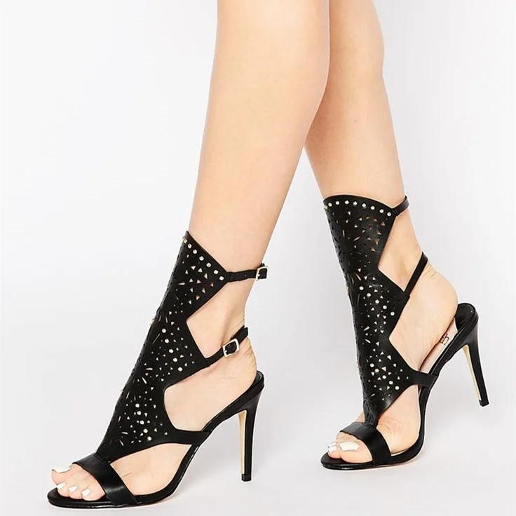 Black Hollow Out Gladiator Slingback Stiletto Heels Sandals Vdcoo