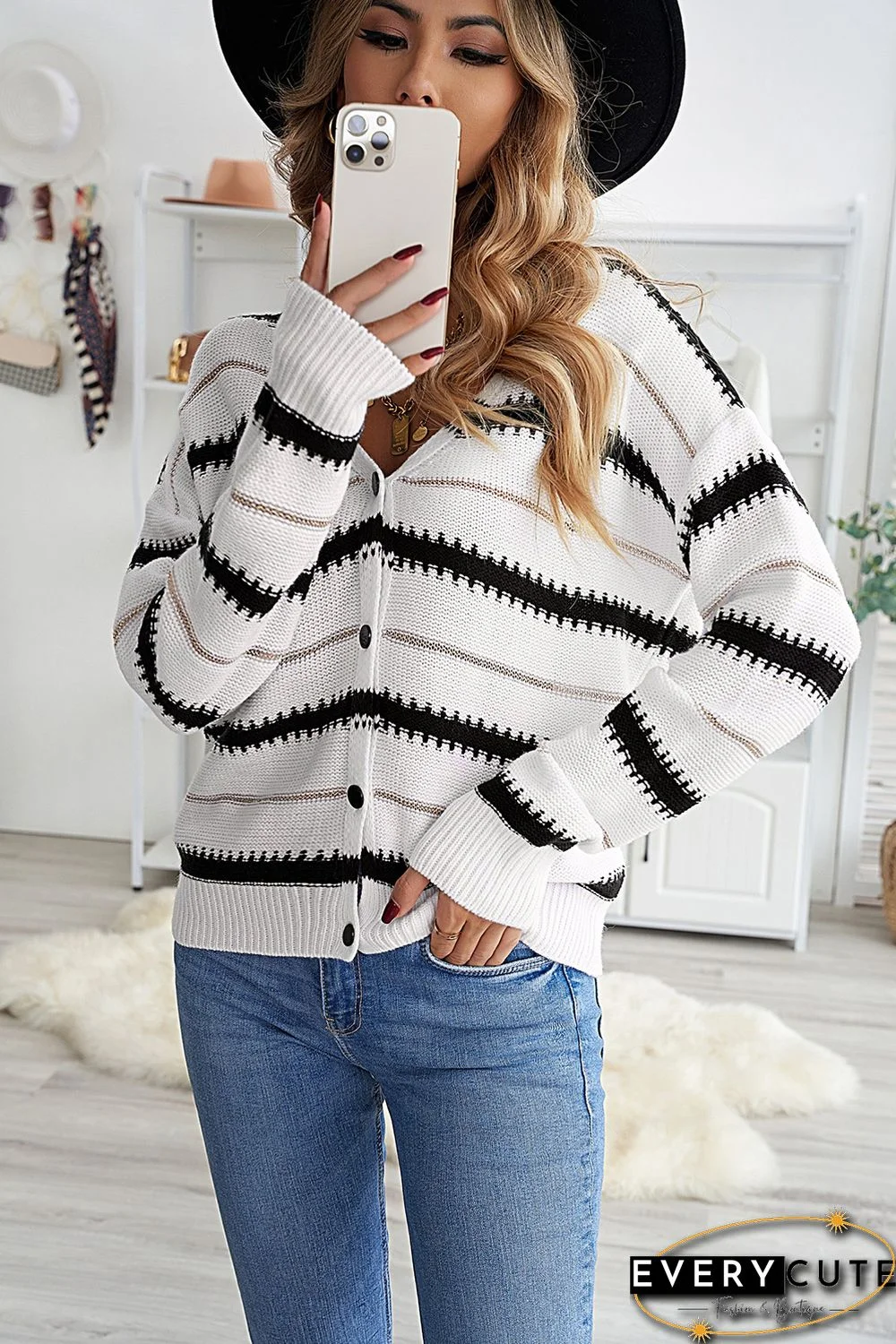 White V Neck Stripes Colorblock Button Cardigan