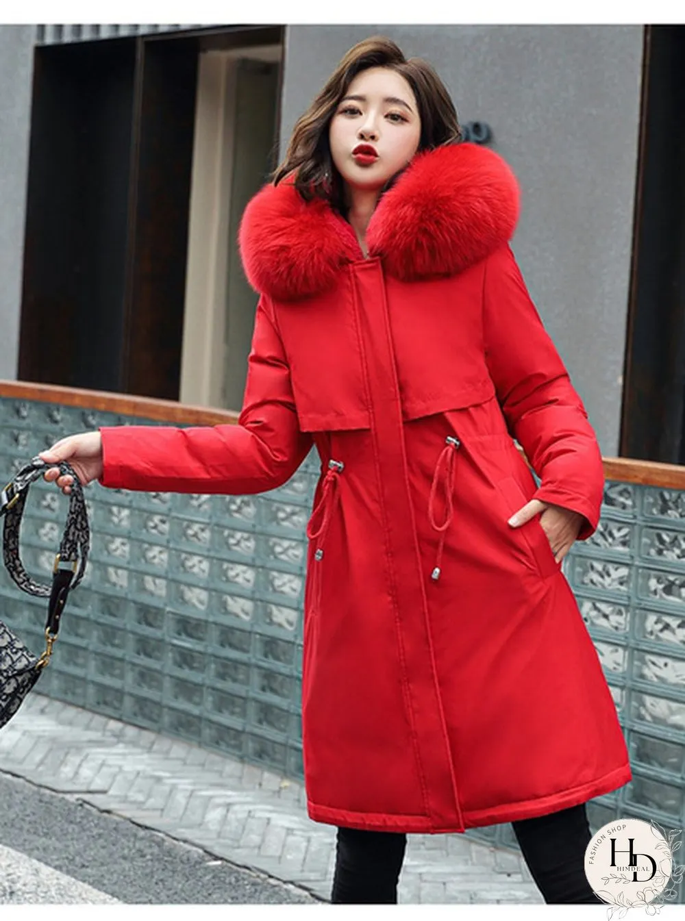 New cotton liner parker parka fashion adjustable waist fur collar winter jacket women