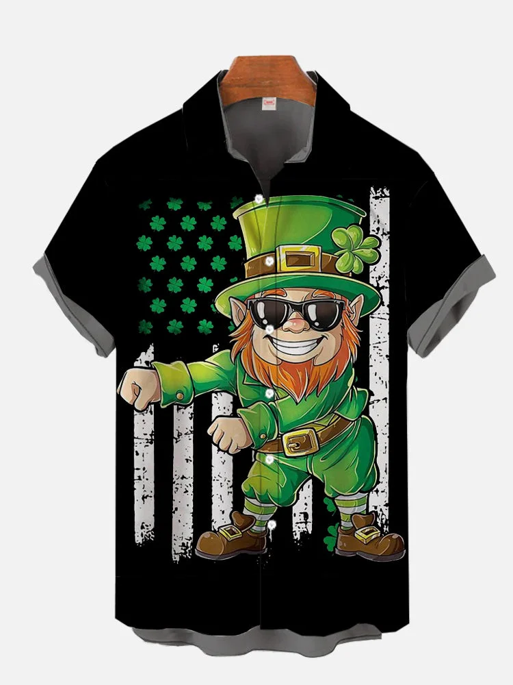 St. Patrick's Day American Flag And Gnome Printing Short Sleeve Shirt
