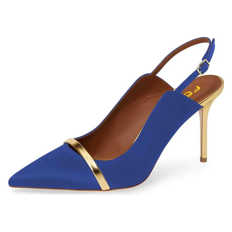 Blue Satin Pointy Toe Gold Strap Stiletto Heel Slingback Pumps |FSJ Shoes