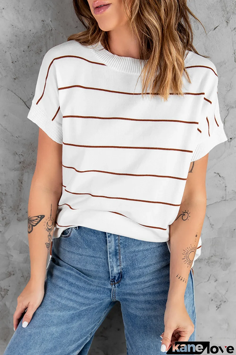 Brown Striped Knit Sweater Short Sleeve Top