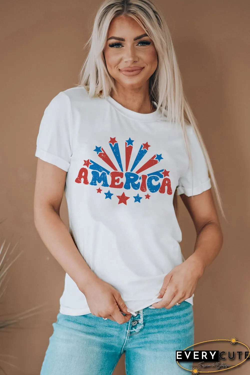 White AMERICA Stars Graphic Print Short Sleeve T Shirt
