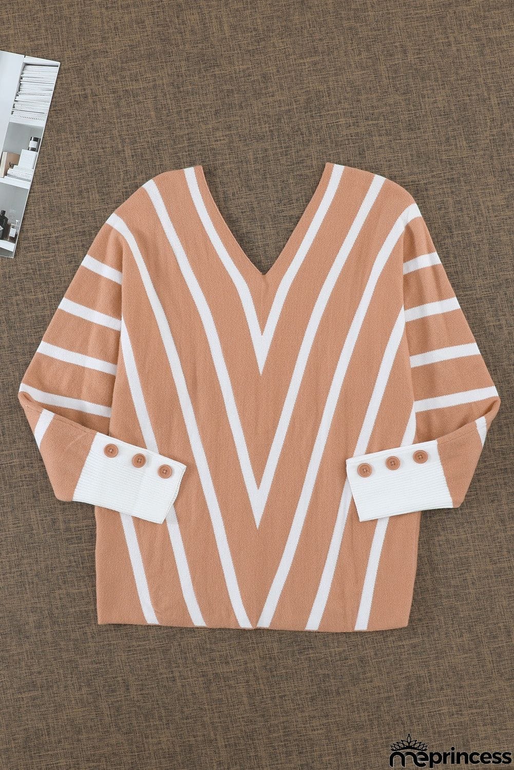 Khaki V Neck Popper Cuff Striped Casual Sweater