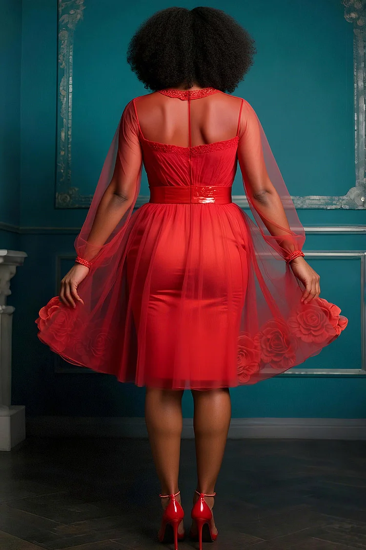 Xpluswear Design Plus Size Party Red Round Neck Long Sleeve 3D Elegant See Through Tulle Midi Dresses [Pre-Order]