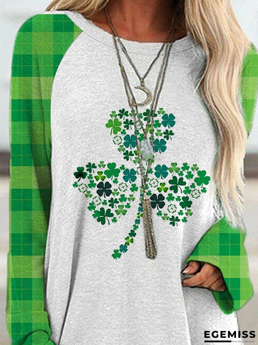 Crew Neck Clover Print Casual Long Sleeve T-shirt | EGEMISS