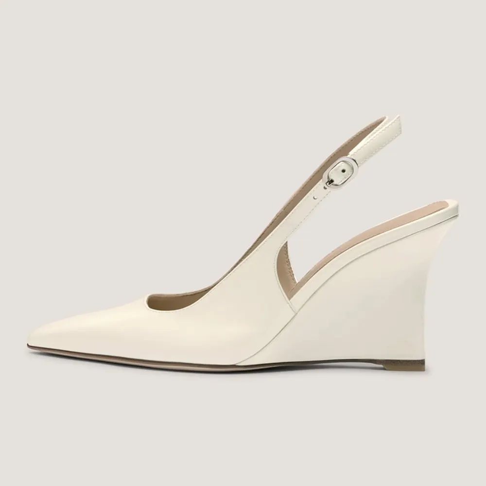 Ivory Patent Leather Pointed Toe Slingback Wedge Heel Pumps for Women