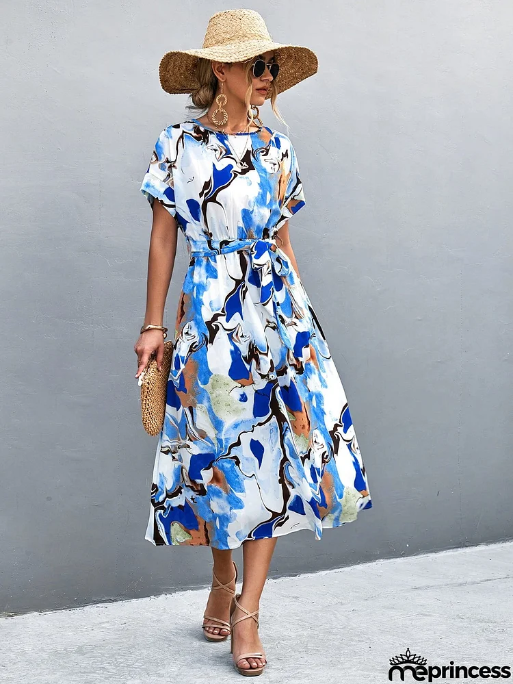 Round Neck Short Sleeve Tie Waist Midi Dress