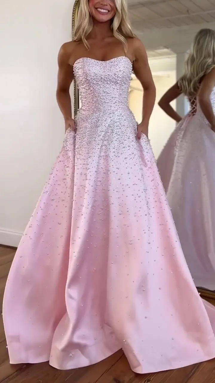 Women Strapless Nail Bead Elegant Temperament Dinner Party Style Dress