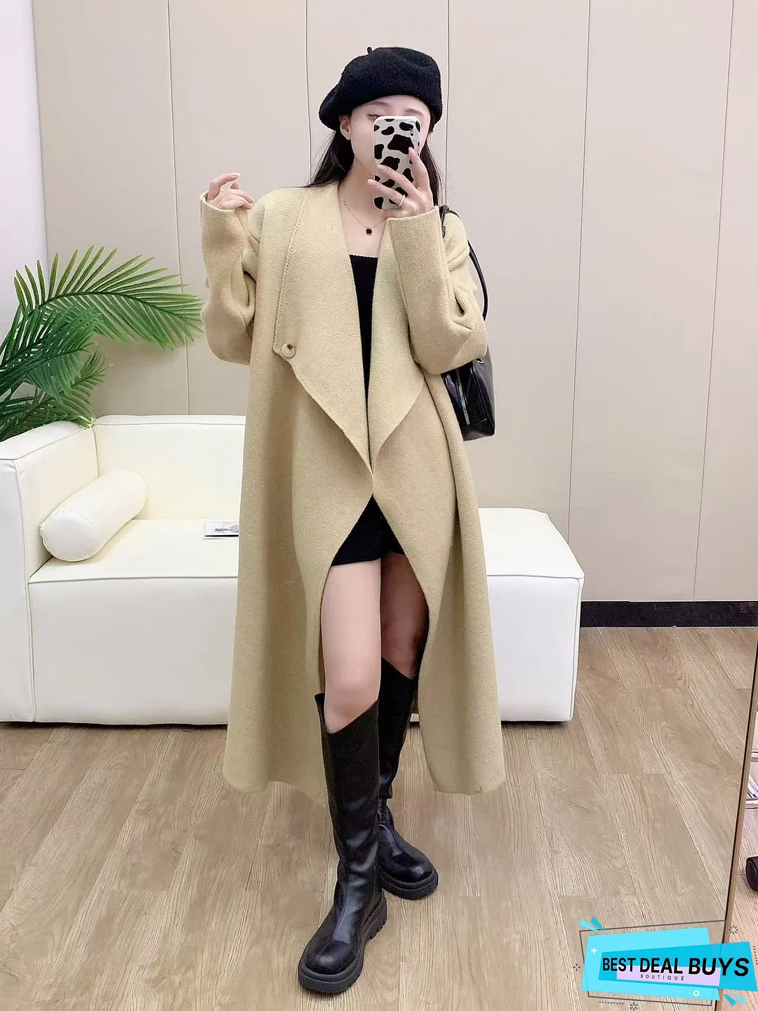 Casual Long-Sleeved Solid Color Tie Coat
