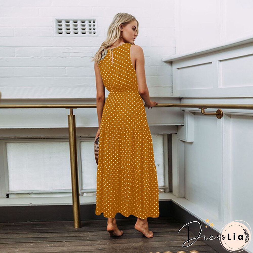 Holiday Summer Women Boho Sleeveless Maxi Polka Dot Dress Casual Beach Long Dress